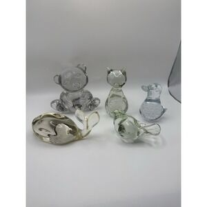 Lot Of 5 Glass Figurines Paper Weights Animals Cat, Birds,‎ Bear, Whale